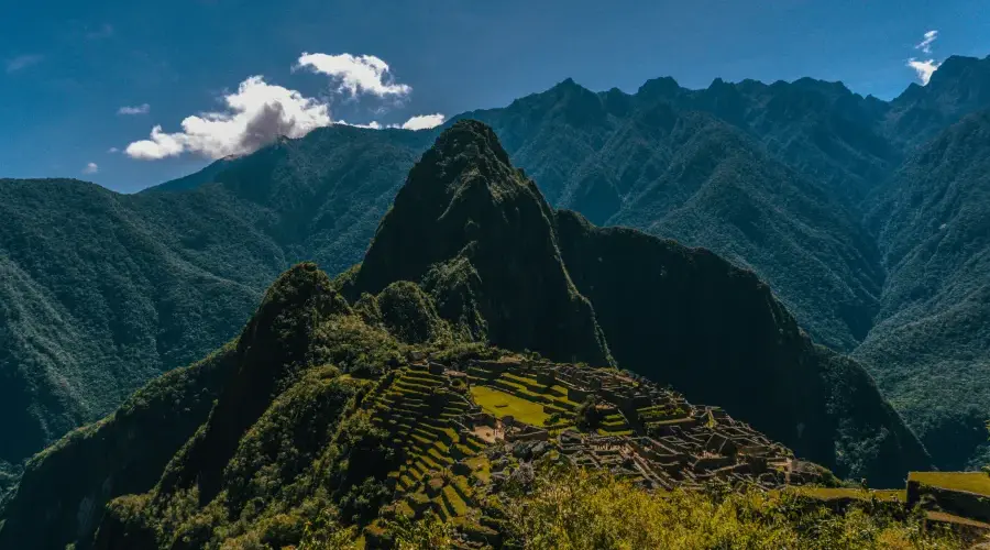 Panoramic view of Machu Picchu in the Peruvian Andes surrounded by mountains