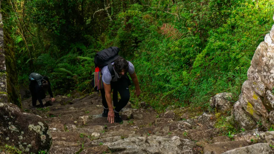 hikers climbing inca stone steps Two hikers climbing steep stone steps along a mountain trekking trail in the Peruvian Andes