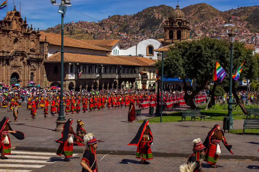 cusco plaza de armas traditional dancers Traditional dancers performing in Cusco's Plaza de Armas
