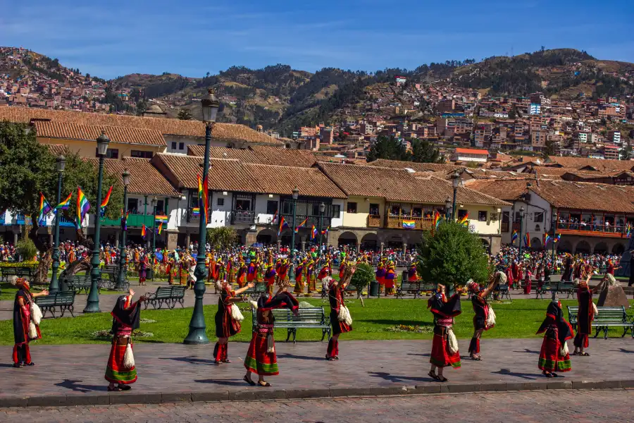 cusco traditional dancers plaza de armas Traditional dancers performing in Cusco's Plaza de Armas