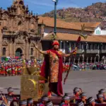 Inti Raymi ceremony in Cusco's Plaza de Armas with an Inca performer