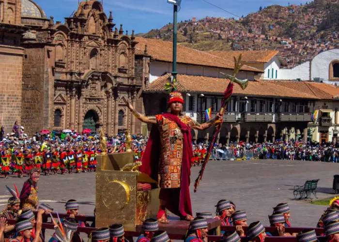 Inti Raymi ceremony in Cusco's Plaza de Armas with an Inca performer