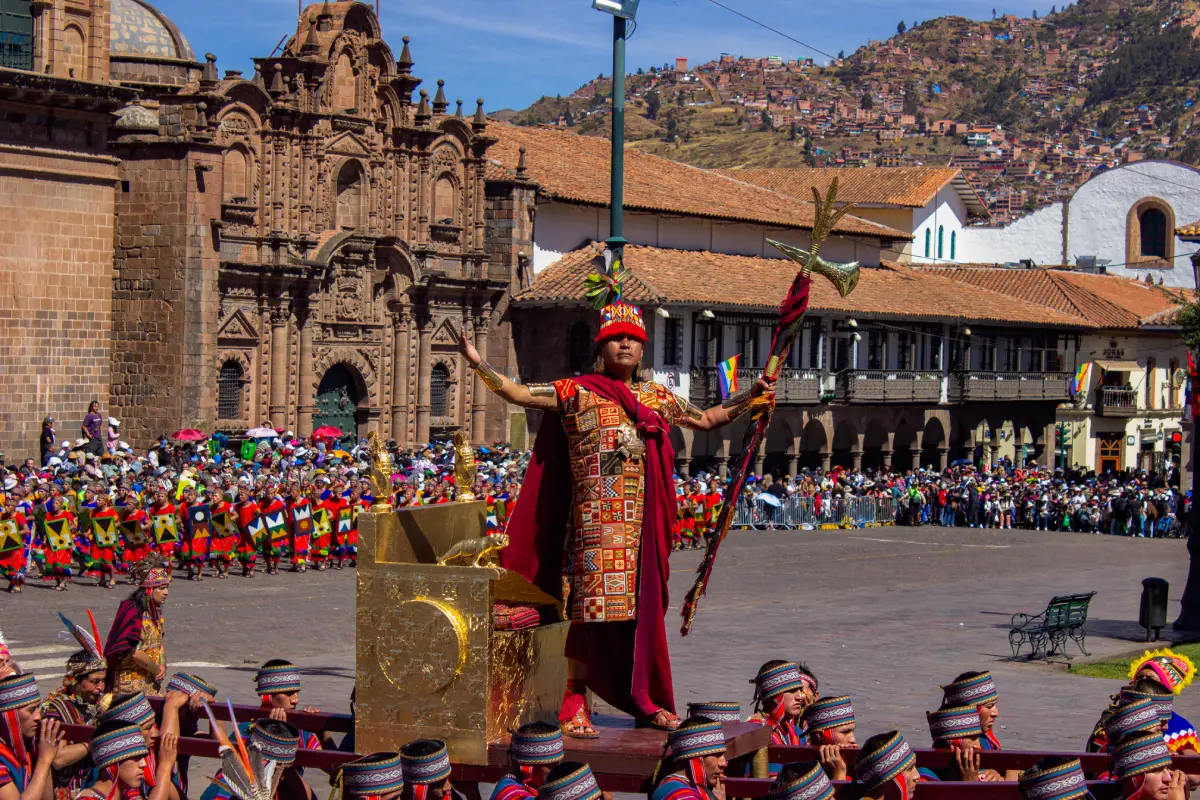Inti Raymi ceremony in Cusco's Plaza de Armas with an Inca performer