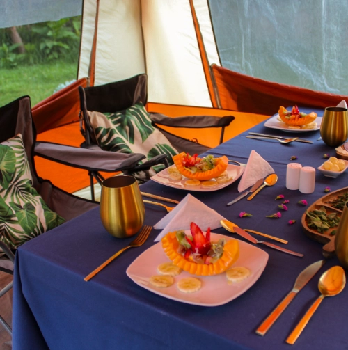 Gourmet Dining Experience Gourmet meal prepared inside a glamping camp