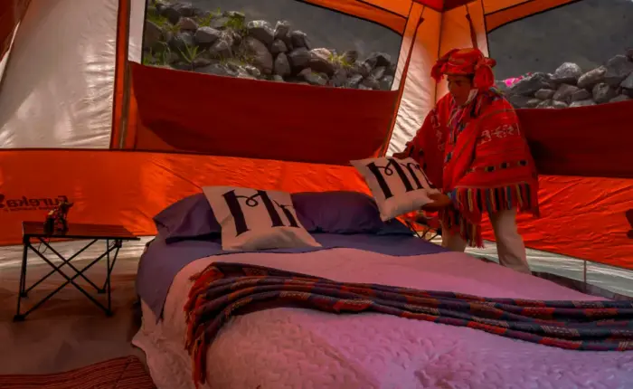 Luxury Glamping Tent Interior Luxury glamping tent interior with Andean textiles and mountain views