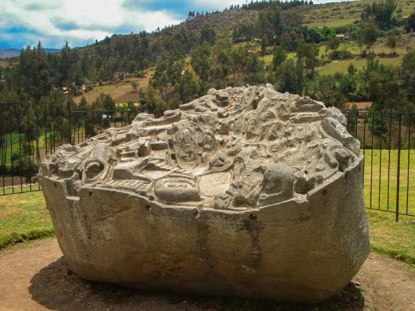 Ancient carved stone monolith at the Saywite archaeological site in Peru